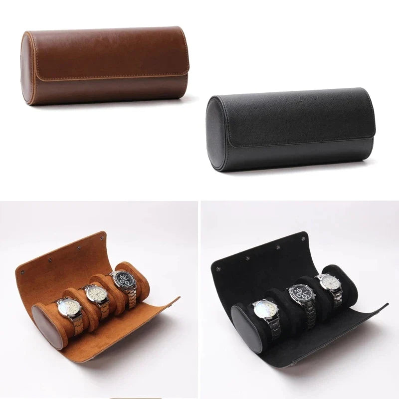Luxury leather watch roll travel case with soft suede interior, 3-slot storage organizer for men’s wristwatches