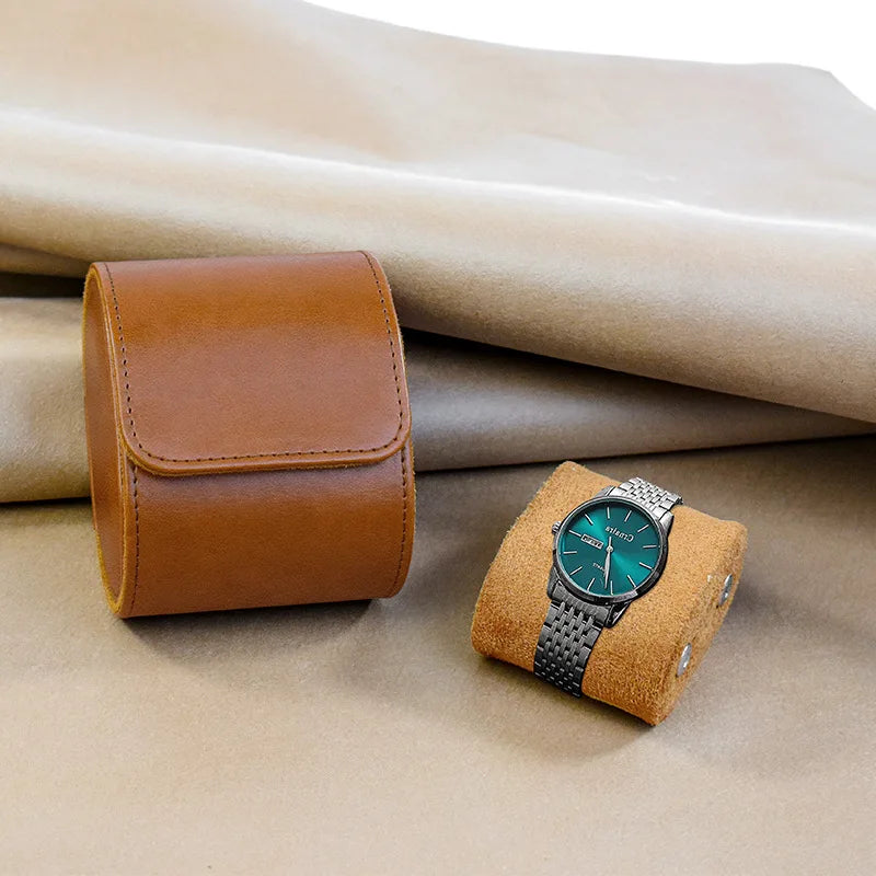 Luxury leather watch roll travel case with soft suede interior, 3-slot storage organizer for men’s wristwatches