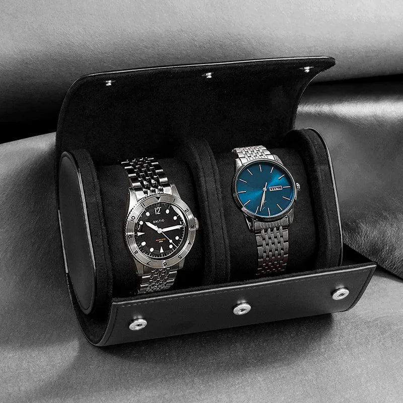 Luxury leather watch roll travel case with soft suede interior, 3-slot storage organizer for men’s wristwatches