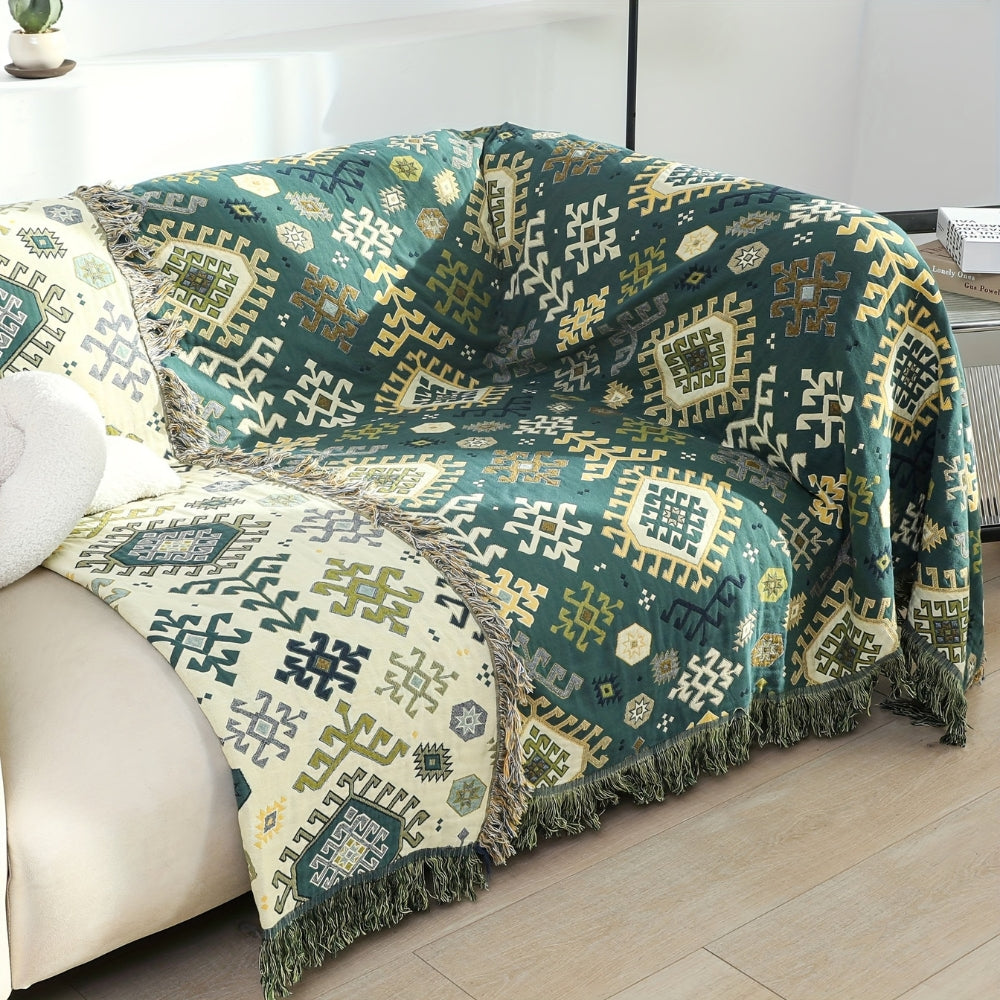 Tribal-Inspired Soft Geometric Fringe Blanket