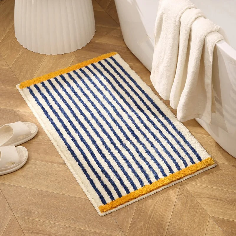 Tufted bath mat – Soft polyester – Modern blue stripe design – Anti-slip for bathroom and kitchen