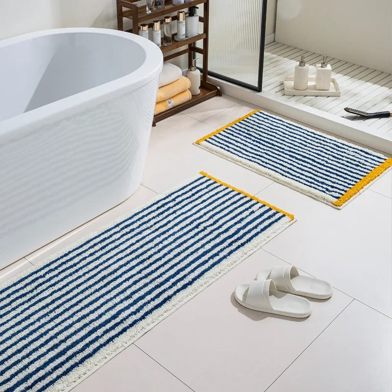 Tufted bath mat – Soft polyester – Modern blue stripe design – Anti-slip for bathroom and kitchen