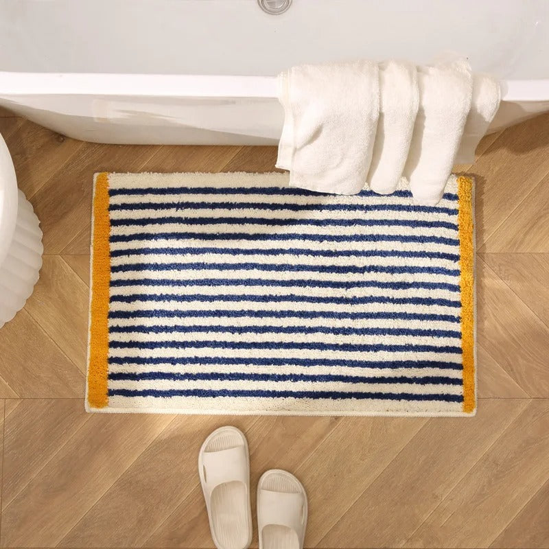 Tufted bath mat – Soft polyester – Modern blue stripe design – Anti-slip for bathroom and kitchen