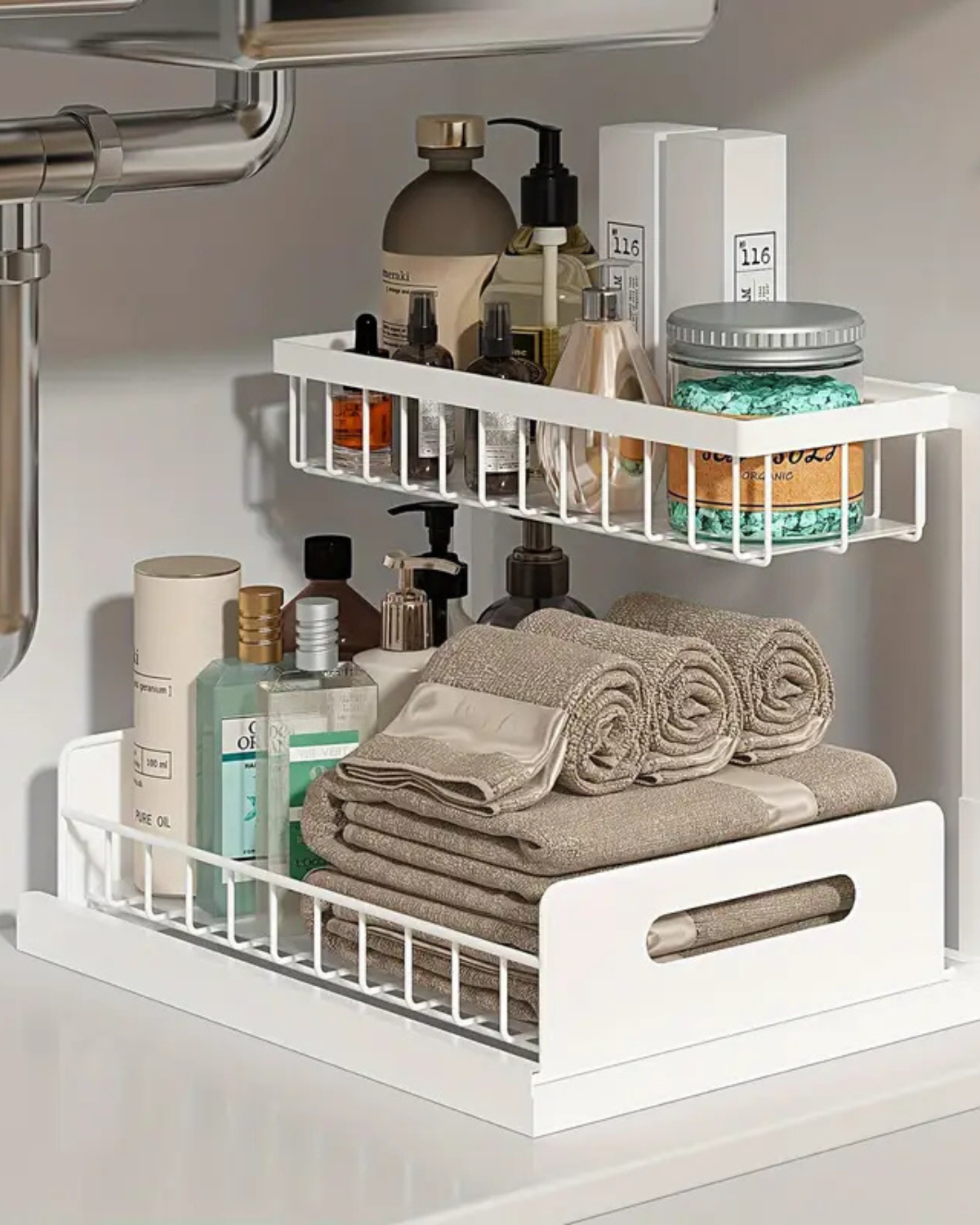 Under Sink Organizer – Two-Level Pull-Out Design – Stylish Bathroom or Kitchen Storage Solution