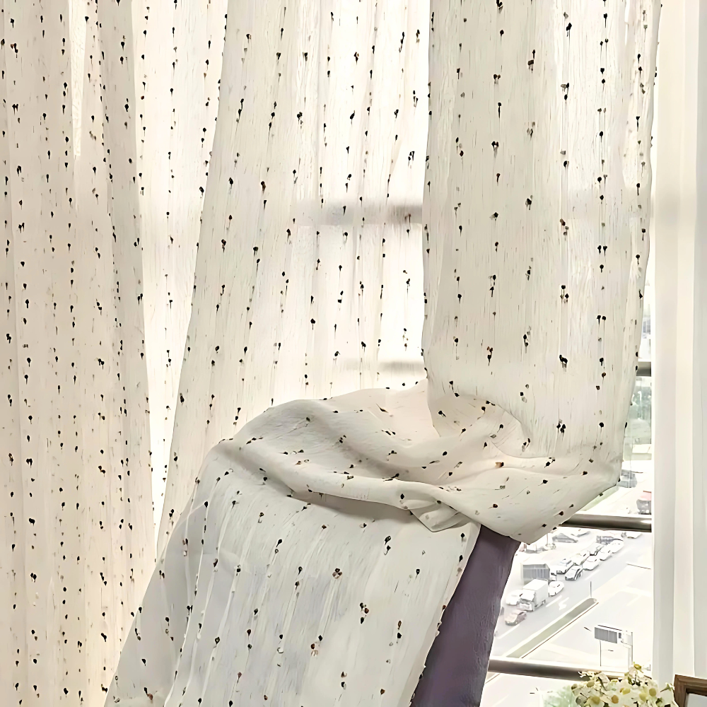 Sheer white curtain with small floral print, lightweight decorative window drape for living room or bedroom"