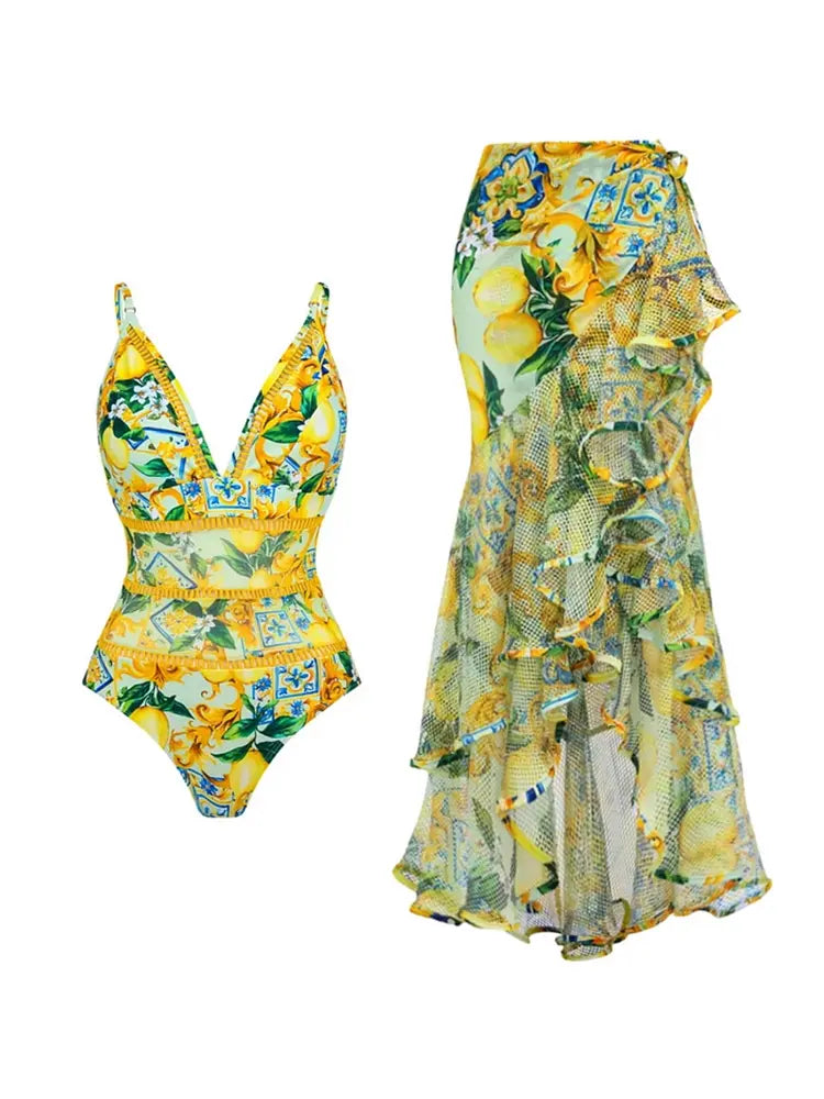 Mesh Lemon Print Swimsuit Set