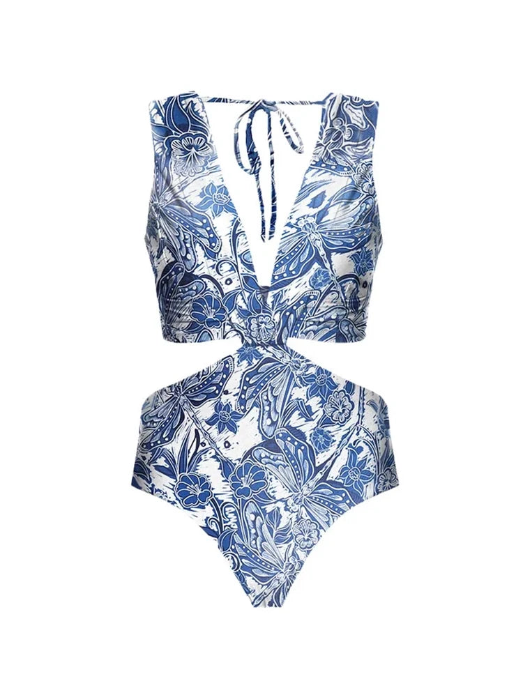 Dragonfly V Neck Cutout Skirted Swimsuit Set