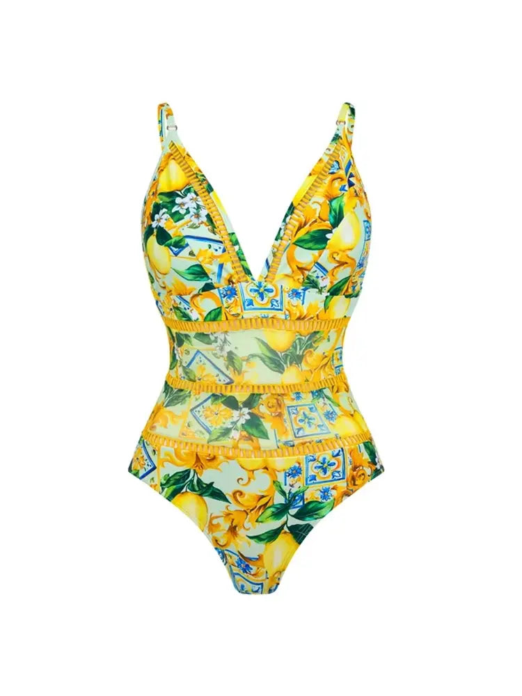 Mesh Lemon Print Swimsuit Set