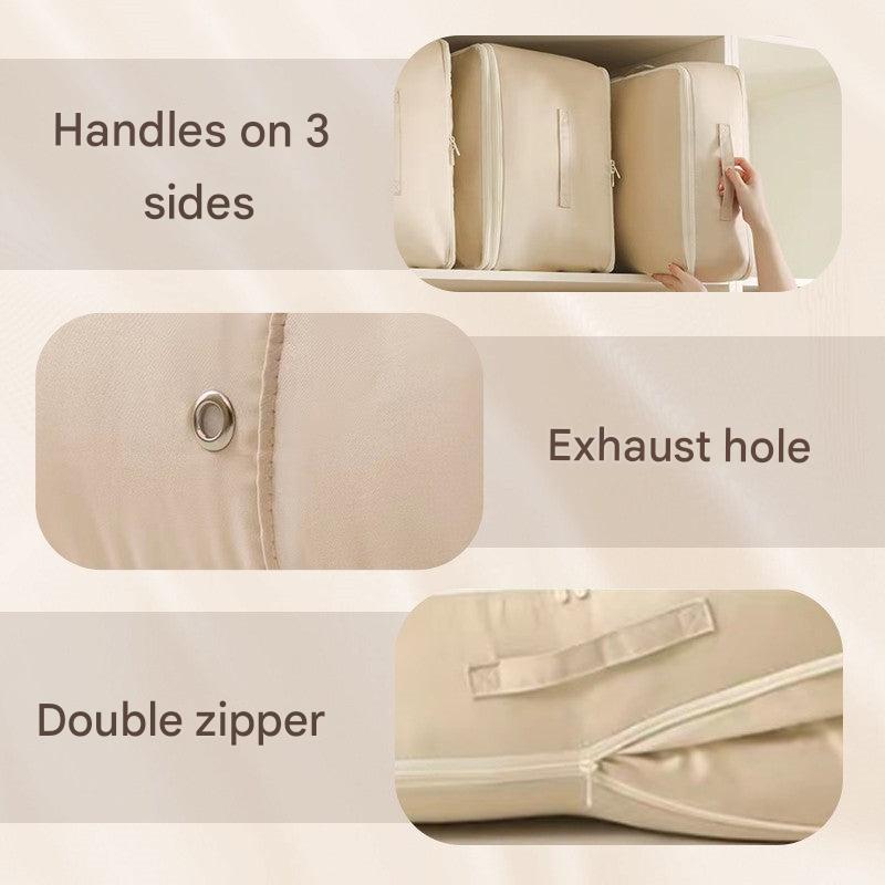 Beige vacuum compression storage bags with handles for clothes, bedding, and seasonal organization – space-saving airtight storage solution for home