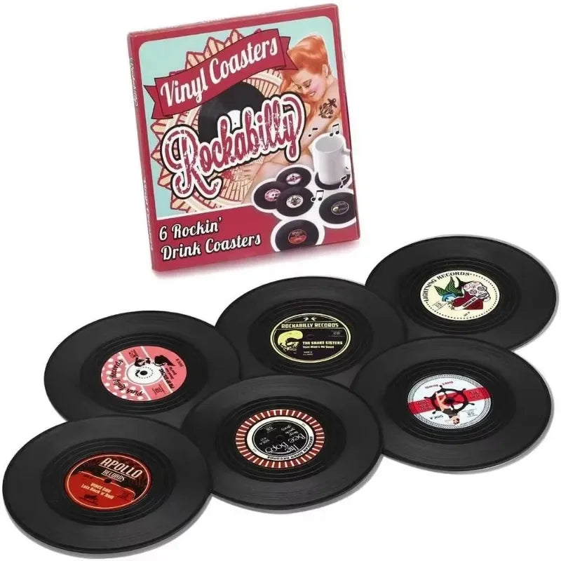 Vinyl record coasters – Retro design – Set of 6 – Durable and anti-slip drink mats