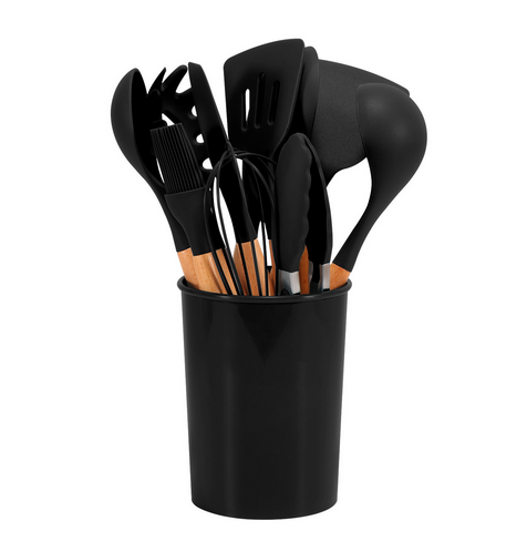 11-piece silicone kitchen utensil set with wooden handles, heat-resistant cooking tools including spatula, whisk, ladle, and tongs