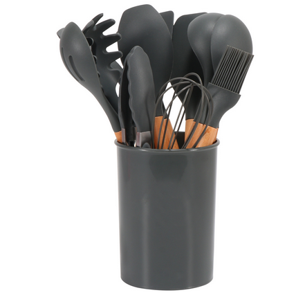 11-piece silicone kitchen utensil set with wooden handles, heat-resistant cooking tools including spatula, whisk, ladle, and tongs