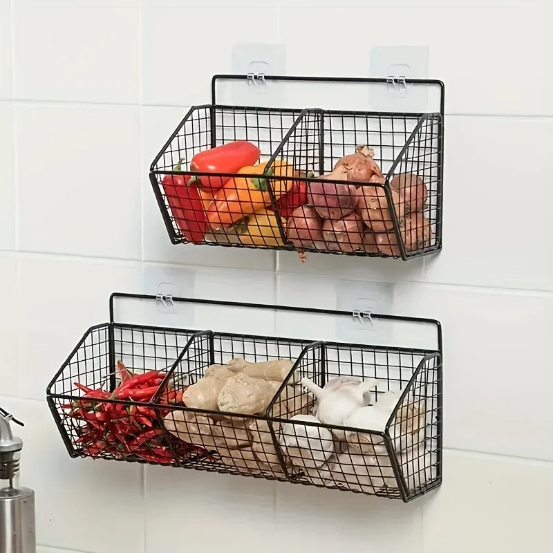 Wall-Mounted Kitchen Storage Basket – Durable Iron – Black – Organizes Spices and Vegetables