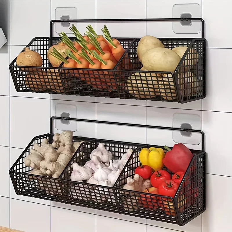 Wall-Mounted Kitchen Storage Basket – Durable Iron – Black – Organizes Spices and Vegetables