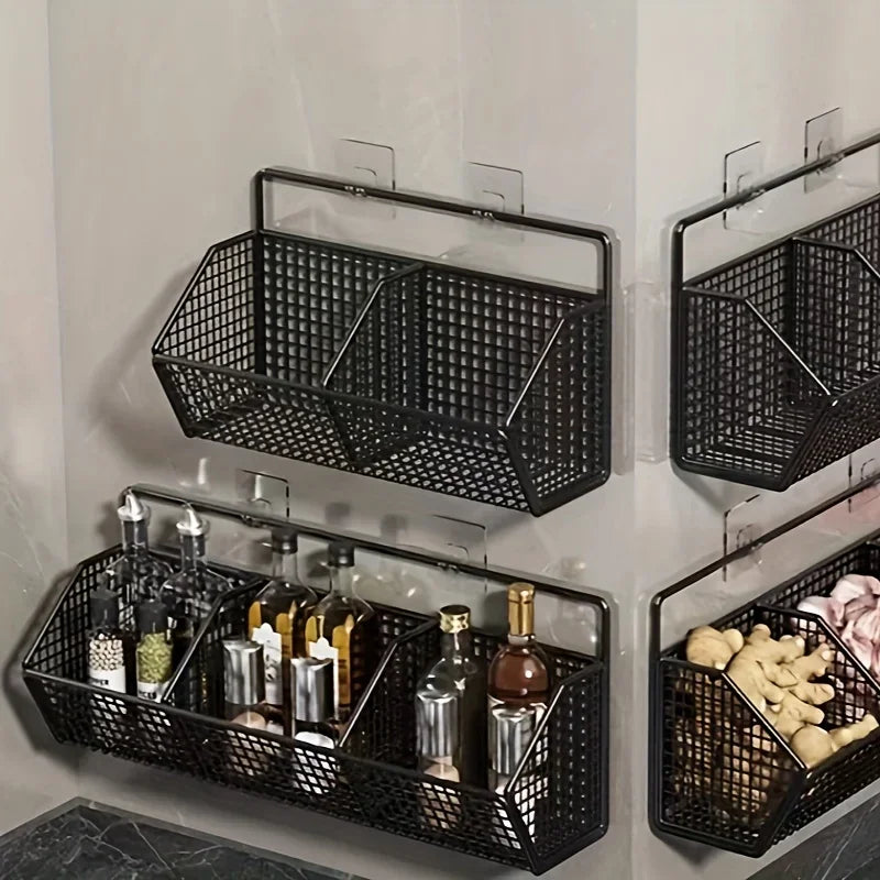 Wall-Mounted Kitchen Storage Basket – Durable Iron – Black – Organizes Spices and Vegetables