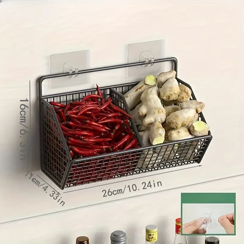 Wall-Mounted Kitchen Storage Basket – Durable Iron – Black – Organizes Spices and Vegetables