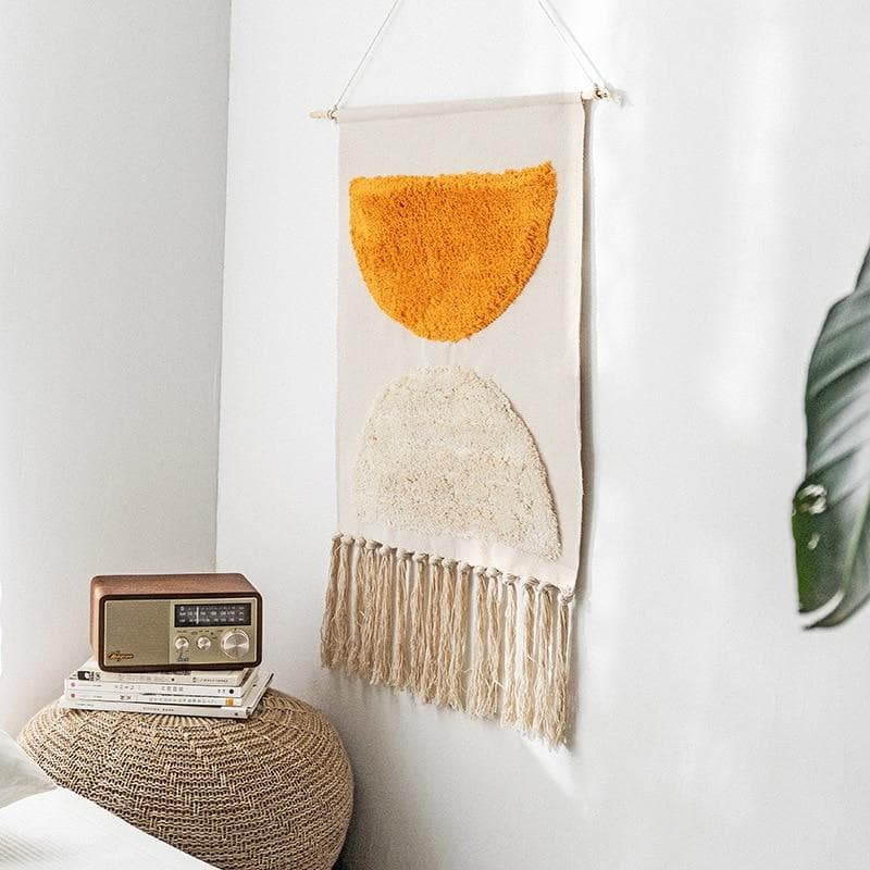 Wall tapestry – Handwoven cotton – Geometric design with tassels – Boho-chic home decor