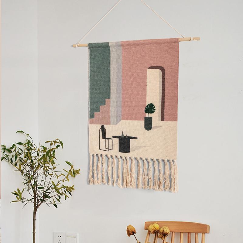 Wall tapestry – Handwoven cotton – Geometric design with tassels – Boho-chic home decor