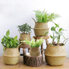 Handwoven seagrass storage baskets with pink and red roses, rustic woven planters for home decoration