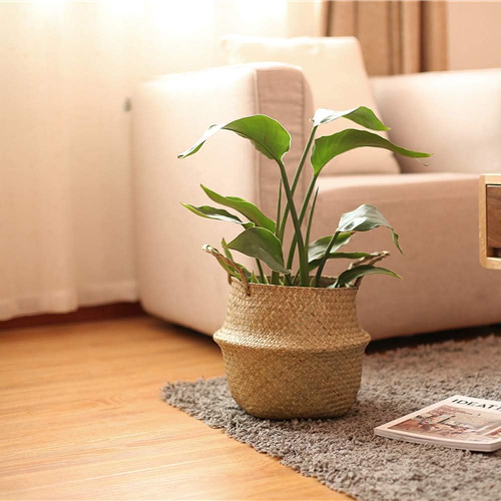 Handwoven seagrass storage baskets with pink and red roses, rustic woven planters for home decoration