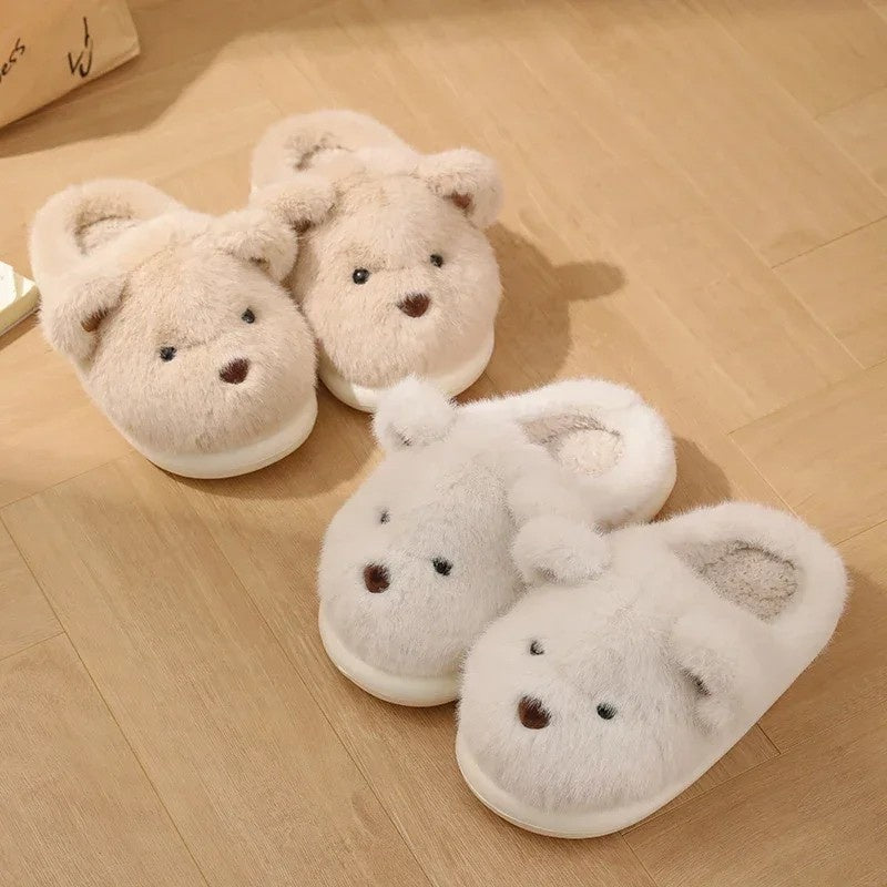 Womens slippers – Soft plush – Cute teddy bear design – Cozy indoor footwear – Available in khaki or white
