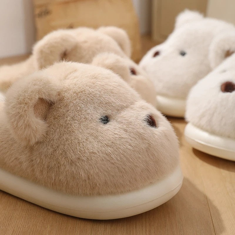 Womens slippers – Soft plush – Cute teddy bear design – Cozy indoor footwear – Available in khaki or white
