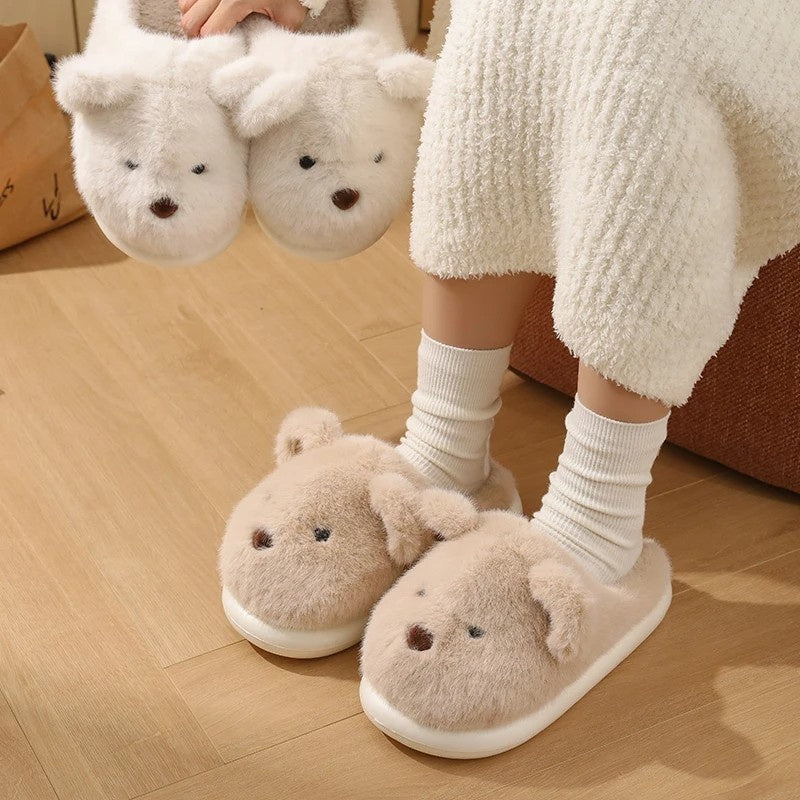 Womens slippers – Soft plush – Cute teddy bear design – Cozy indoor footwear – Available in khaki or white