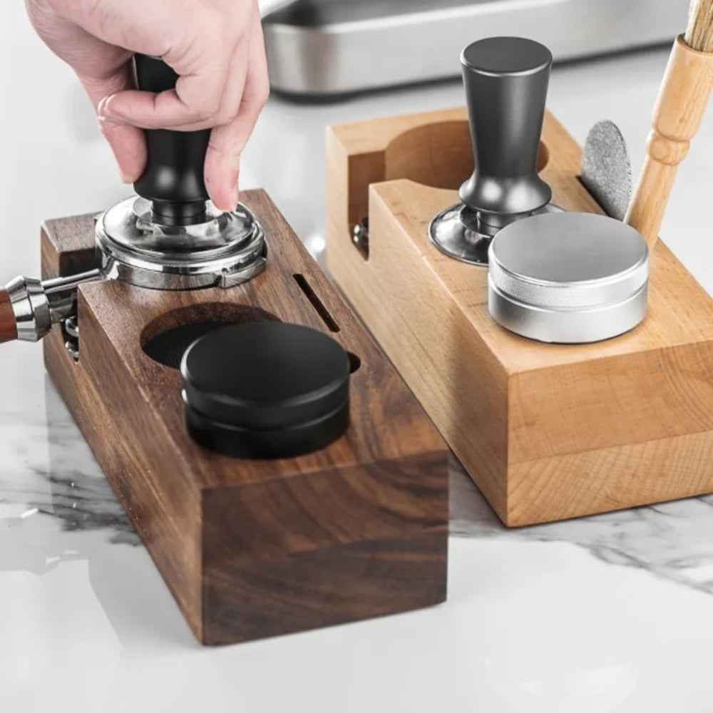 Wooden espresso tamper station with portafilter holder, barista coffee tool organizer for home or cafe