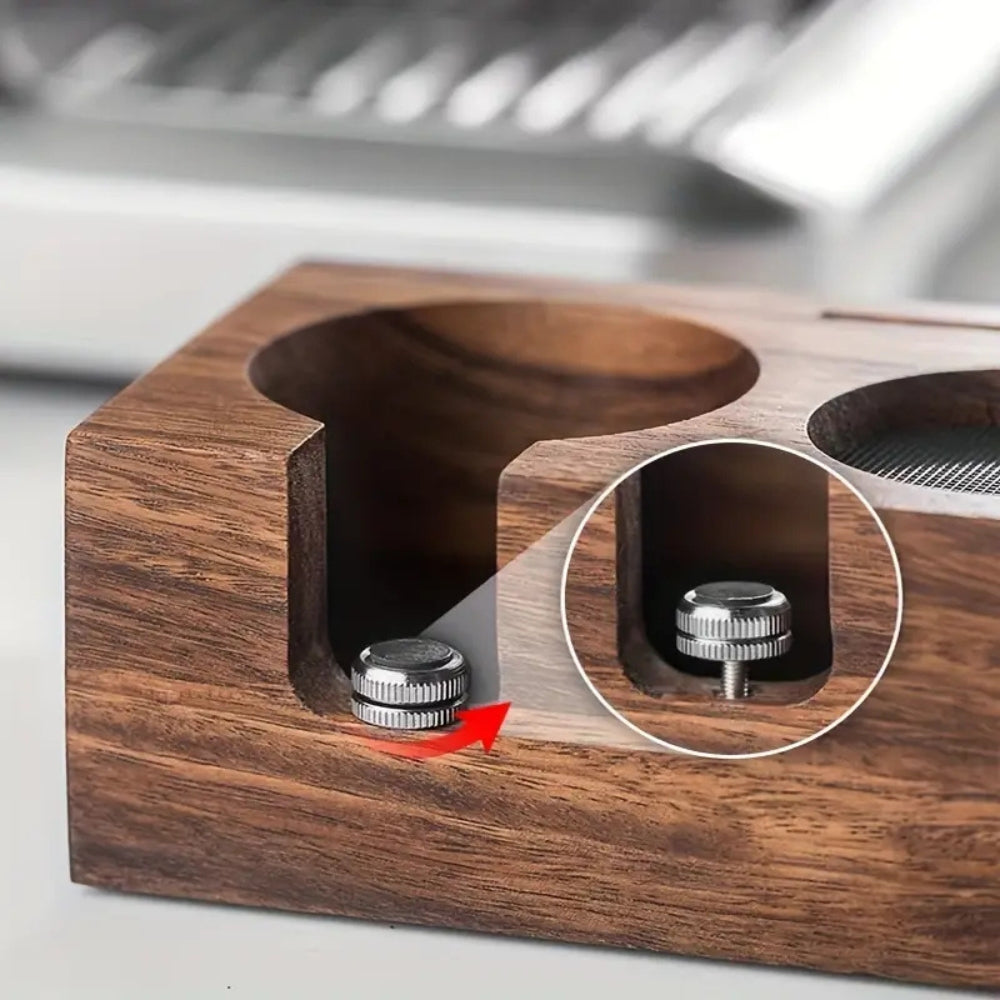 Wooden espresso tamper station with portafilter holder, barista coffee tool organizer for home or cafe