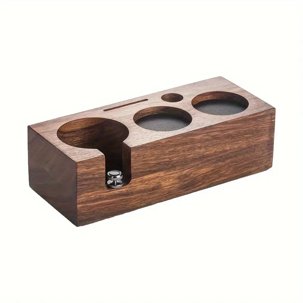 Wooden espresso tamper station with portafilter holder, barista coffee tool organizer for home or cafe
