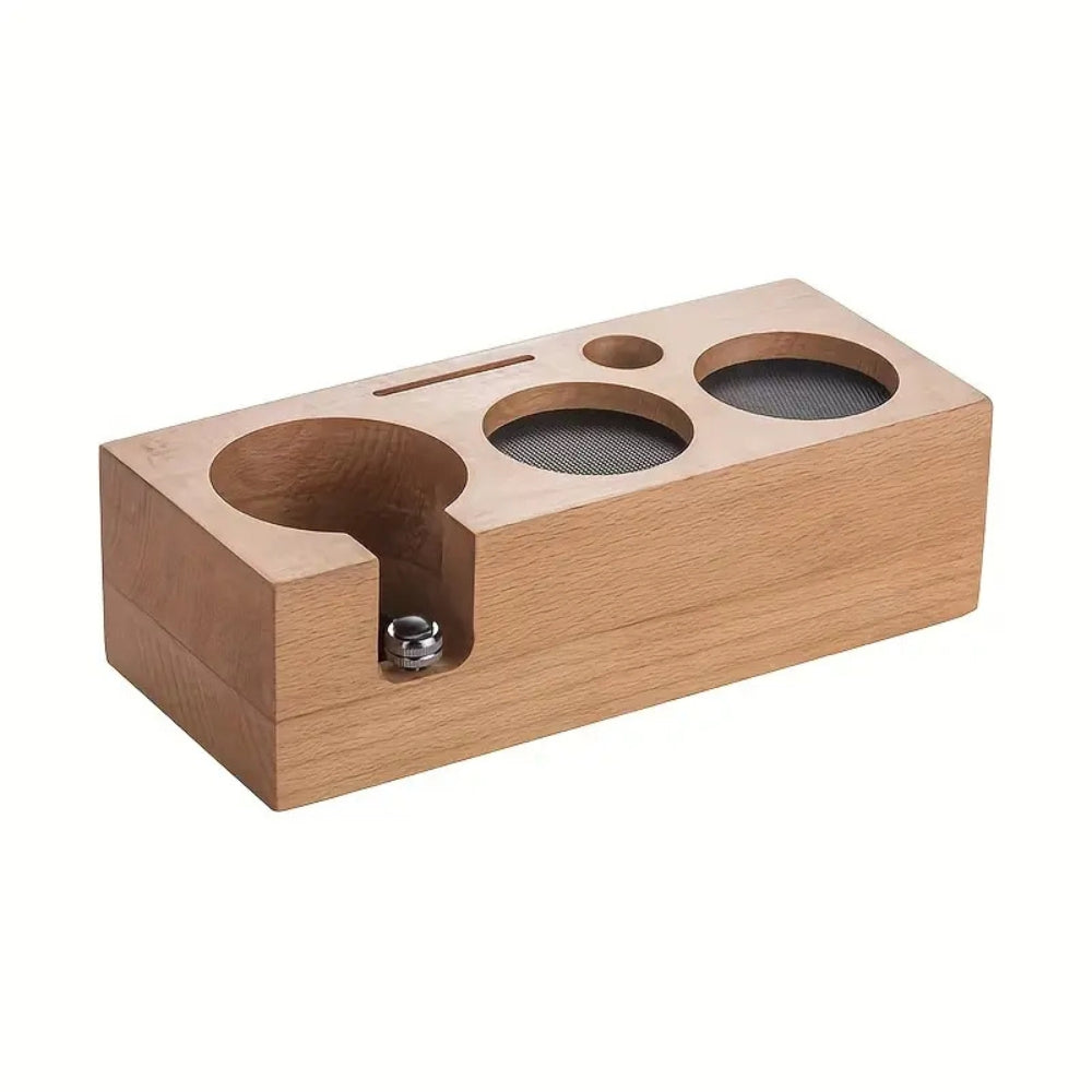 Wooden espresso tamper station with portafilter holder, barista coffee tool organizer for home or cafe