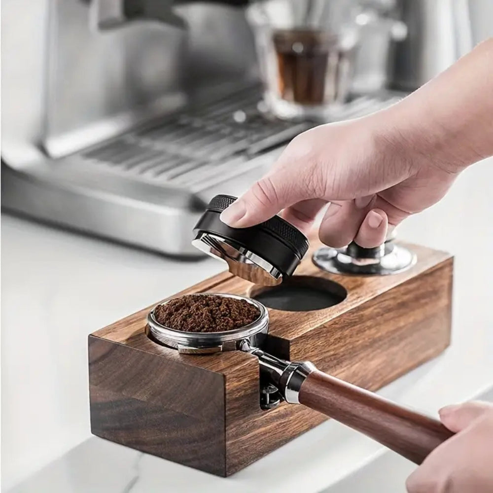 Wooden espresso tamper station with portafilter holder, barista coffee tool organizer for home or cafe
