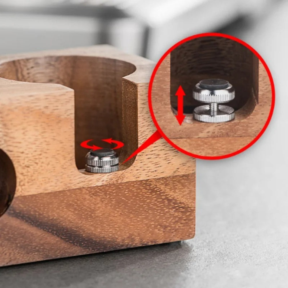 Wooden espresso tamper station with portafilter holder, barista coffee tool organizer for home or cafe