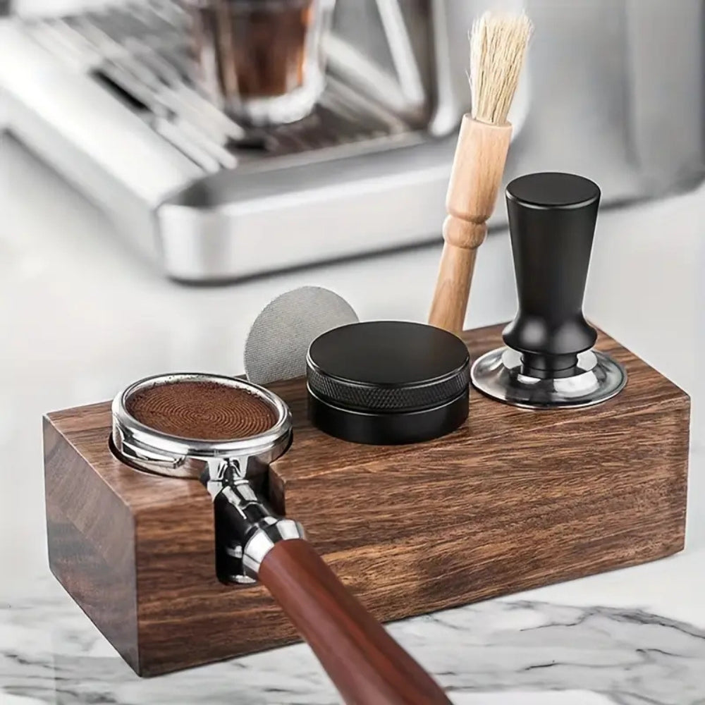 Wooden espresso tamper station with portafilter holder, barista coffee tool organizer for home or cafe