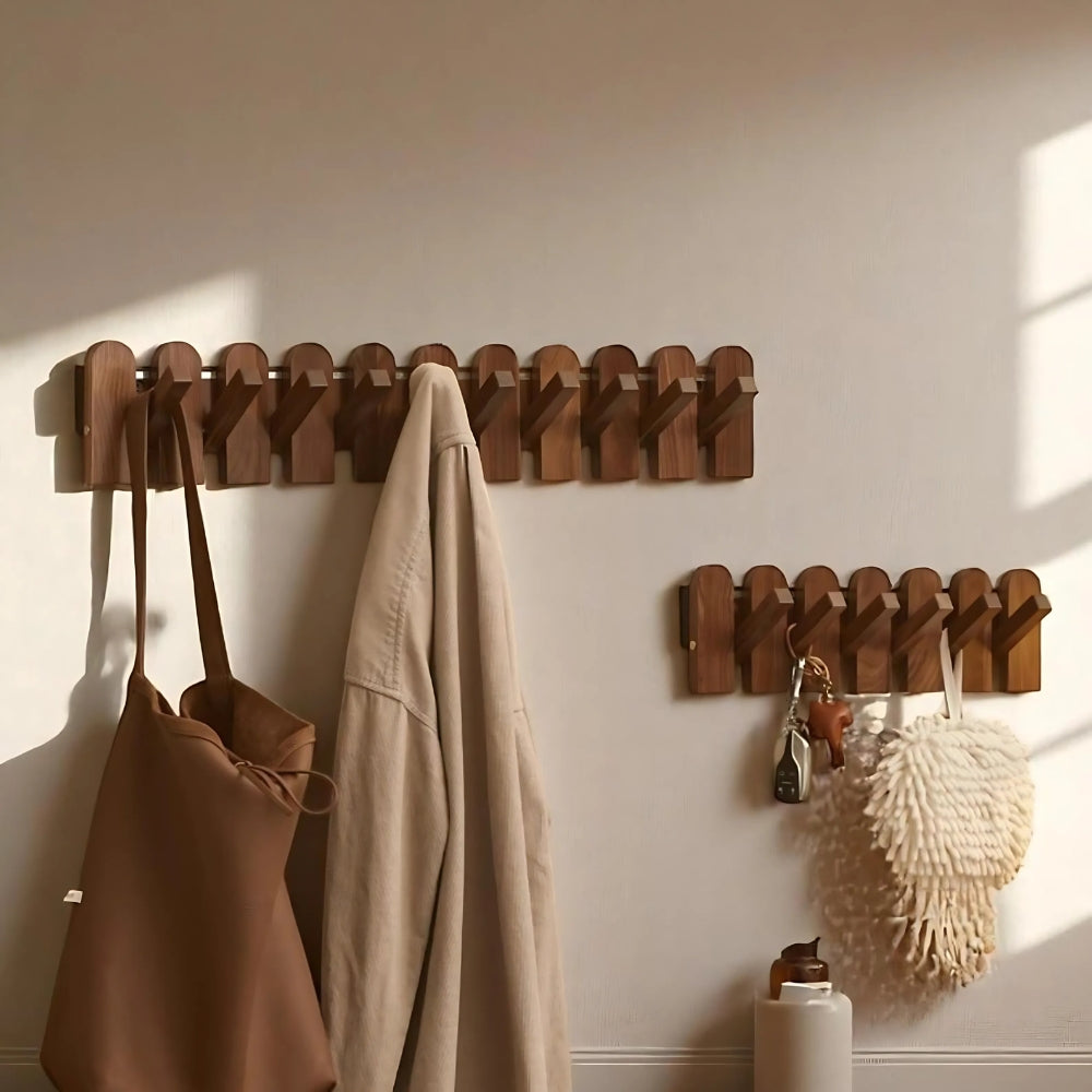 Wall-mounted wooden coat rack with foldable hooks, modern entryway organizer for jackets, bags, and keys