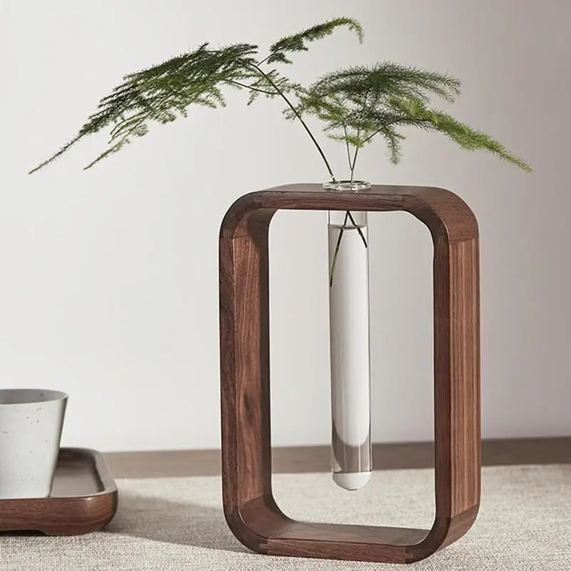 Wooden vase – Glass test tube – Elegant tabletop decor for home or office – 7.1 x 4.7 x 1.8 in