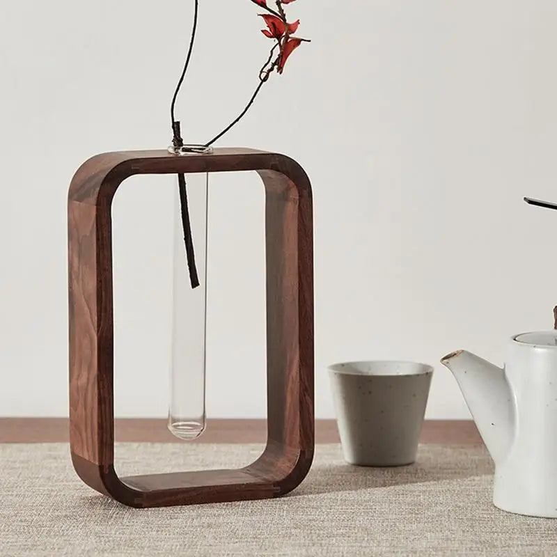 Wooden vase – Glass test tube – Elegant tabletop decor for home or office – 7.1 x 4.7 x 1.8 in