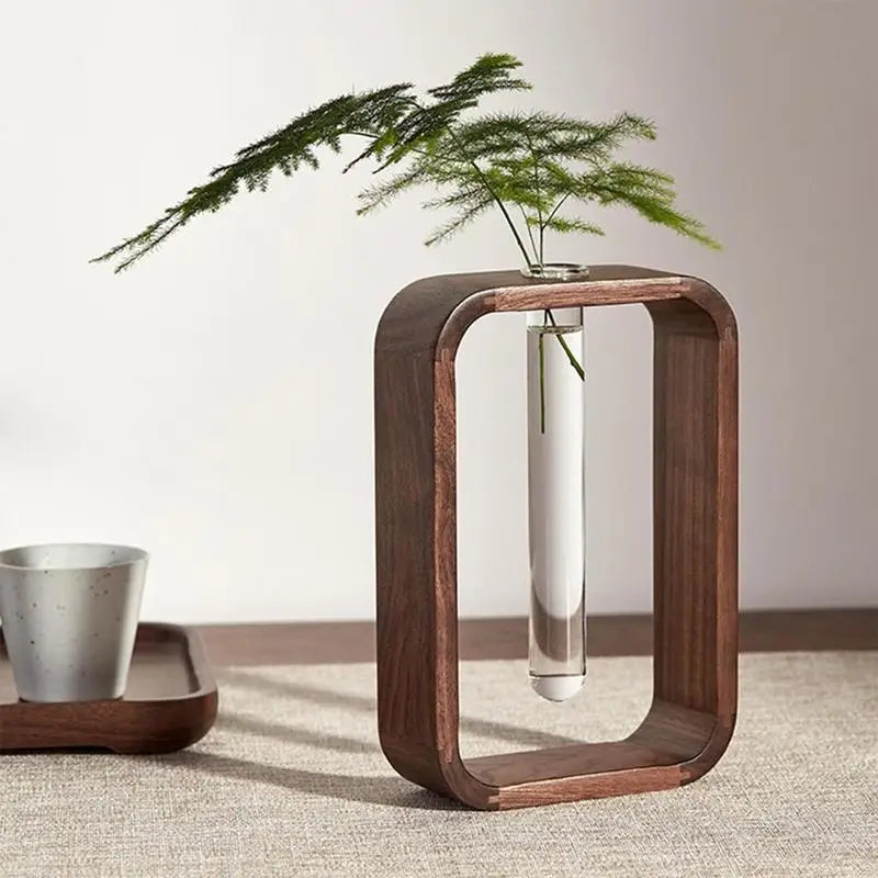 Wooden vase – Glass test tube – Elegant tabletop decor for home or office – 7.1 x 4.7 x 1.8 in