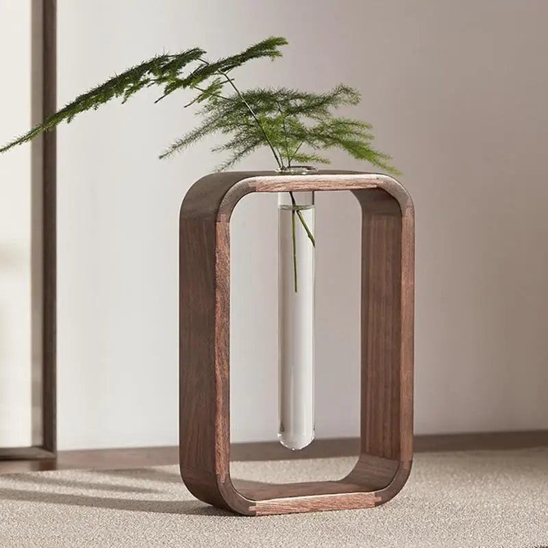 Wooden vase – Glass test tube – Elegant tabletop decor for home or office – 7.1 x 4.7 x 1.8 in