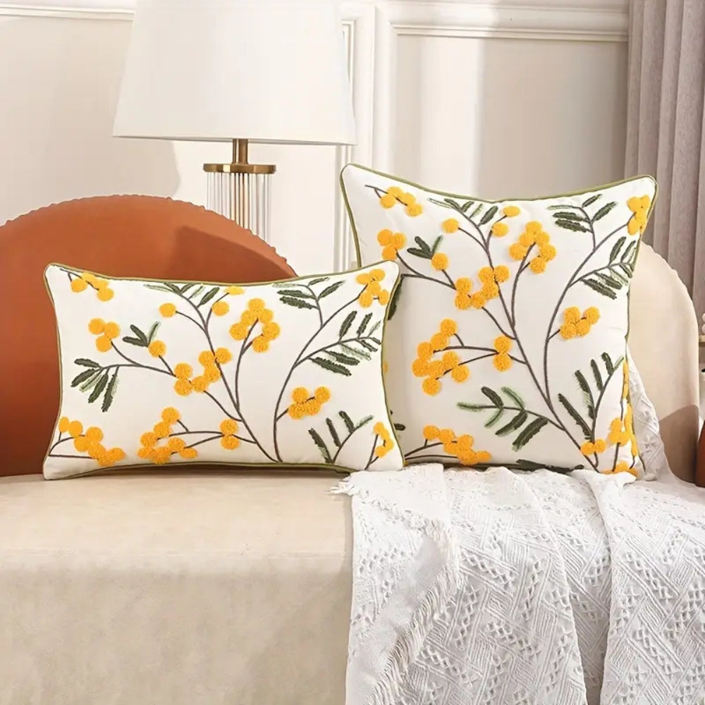 Yellow Bloom & Leaf Embroidery Cushion Cover