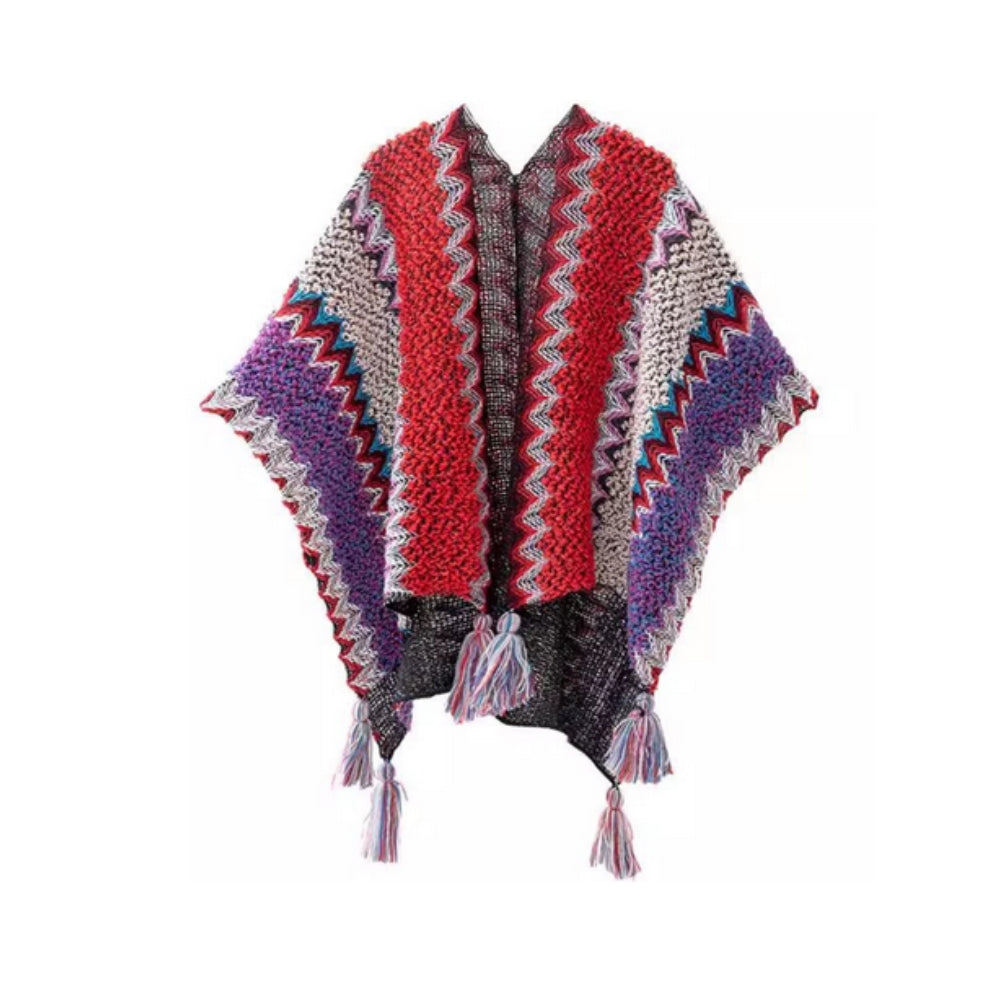 Zayla Tassel Striped Poncho Shawl