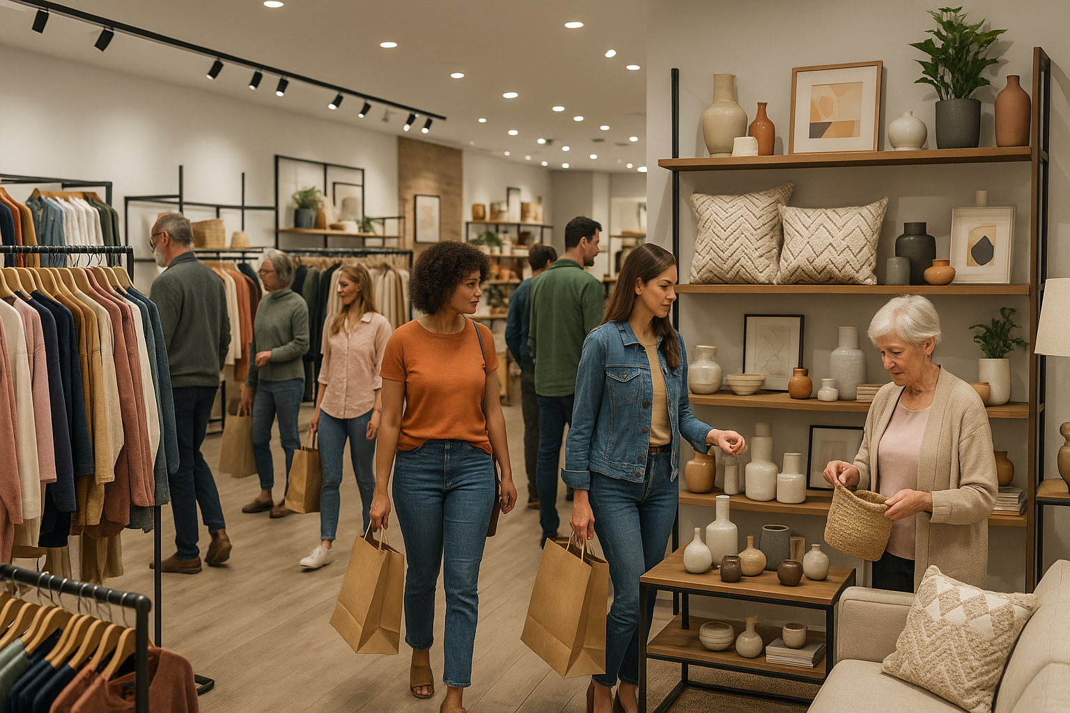 A bunch of people in a clothing/home decor store