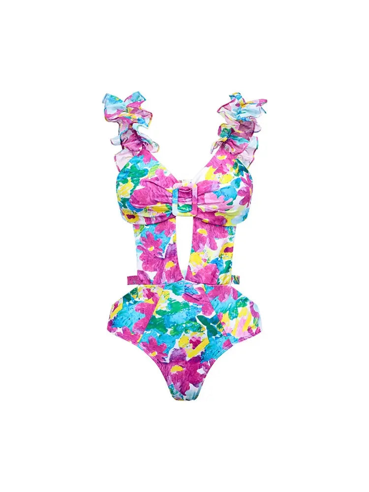 One Piece Print Cutout Swimsuit Set