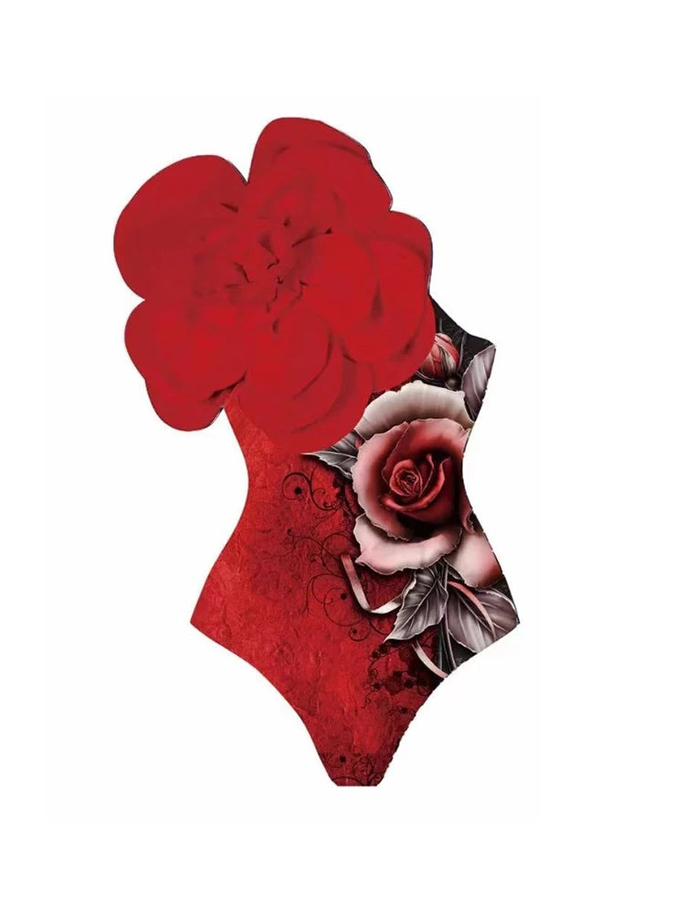 3D Red Floral Print One-Piece Swimsuit Set