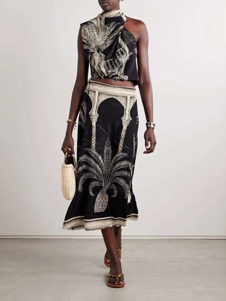 Satin Palm Tree Print Top and Midi Skirt Set