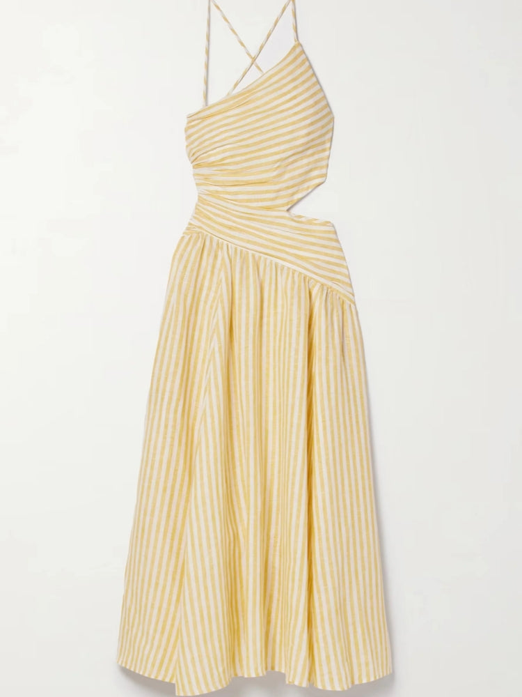 Cascadian Cutout Ruched Striped Midi Dress
