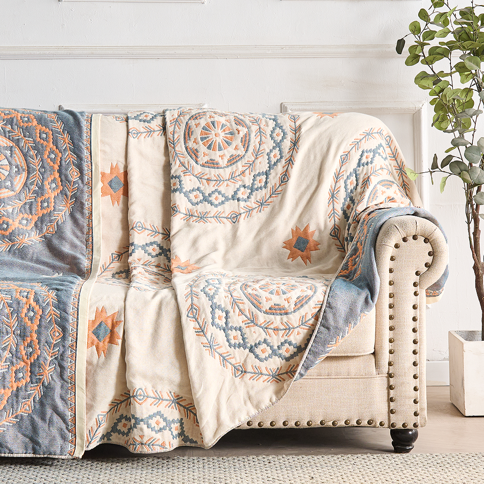Bohemian bedspread with geometric mandala patterns in blue and yellow, lightweight cotton quilt for modern bedroom decor