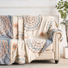 Bohemian bedspread with geometric mandala patterns in blue and yellow, lightweight cotton quilt for modern bedroom decor