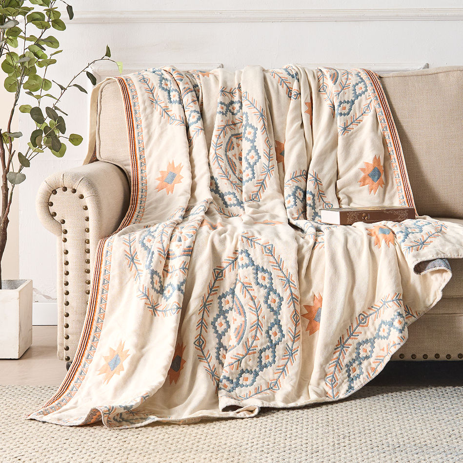 Bohemian bedspread with geometric mandala patterns in blue and yellow, lightweight cotton quilt for modern bedroom decor