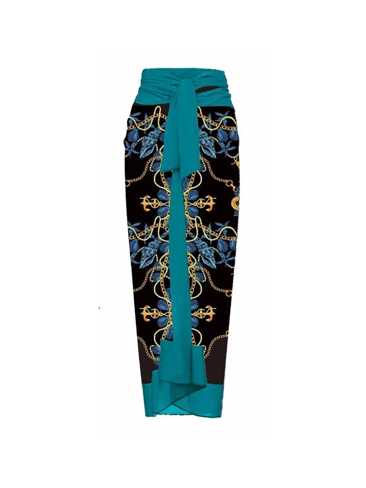 3D Blue Floral Print One-Piece Swimsuit Set